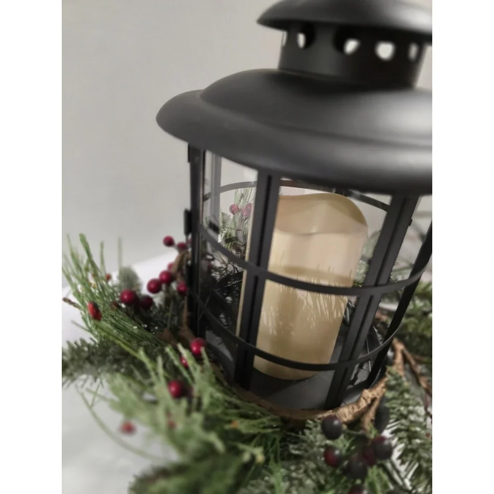 Black Metal Christmas Lantern LED Flameless Candle Evergreen Berry